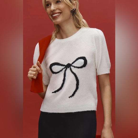 NWT Anthropologie The Mollie Short Sleeve Bow Print White Sweater Size M - Picture 8 of 8